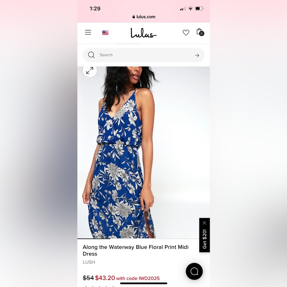 Size M, women’s blue and white floral midi-dress originally bought from Lulu’s